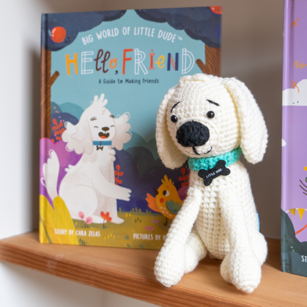 Little Dude plush toy, hello friend, a guide to making friends book